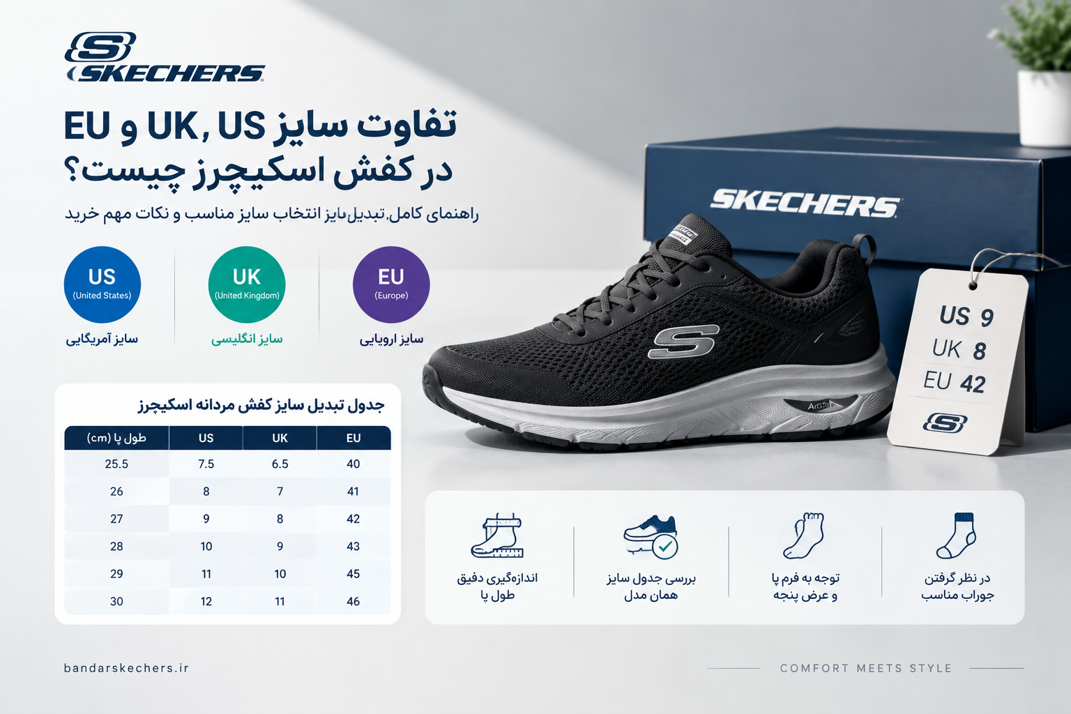 تفاوت سایز US، UK و EU در کفش اسکیچرز چیست؟ + جدول تبدیل سایز